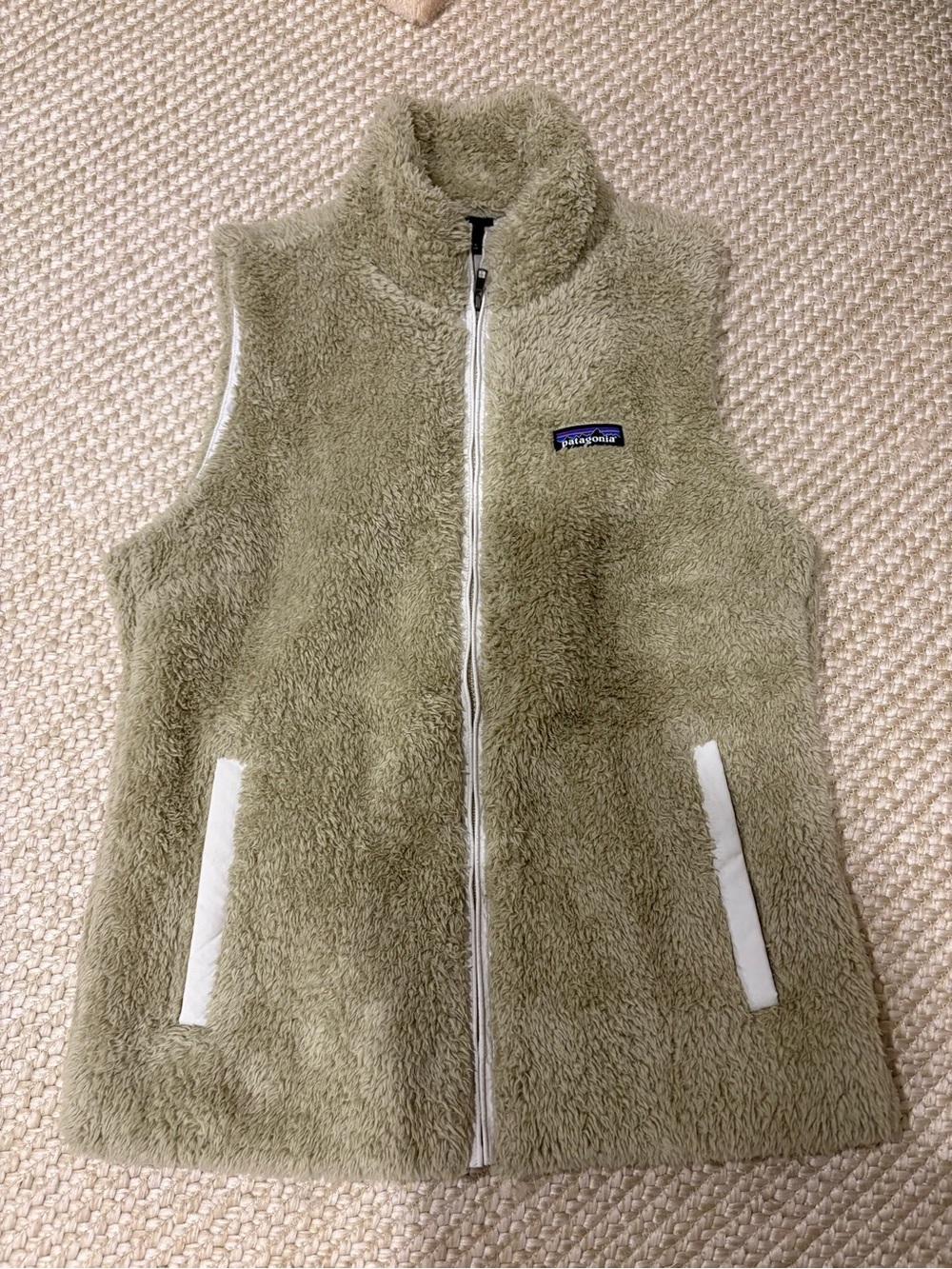 Patagonia Olive Green Fuzzy Fleece Vest with White Trim